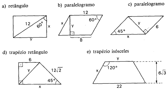 Retângulo, dois paralelogramos, trapézio retângulo e trapézio isósceles com ângulos indicados.