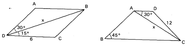 Paralelogramo ABCD e trapézio isósceles ABCD com diagonais e ângulos indicados.