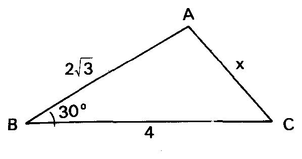 Triângulo ABC com AB = 2√3, BC = 4 e ângulo B de 30°.
