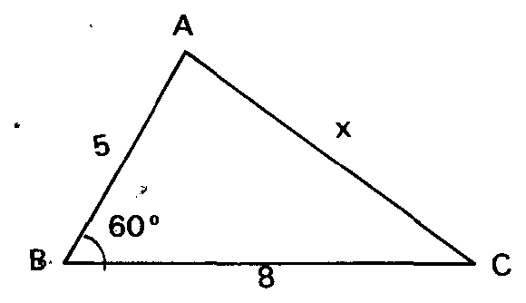 Triângulo ABC com AB = 5, BC = 8 e ângulo B de 60°.