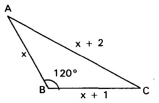 Triângulo ABC com lados x, x + 1, x + 2 e ângulo B de 120°.