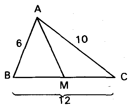 Triângulo ABC com AB = 6, AC = 10, BC = 12 e a mediana AM.