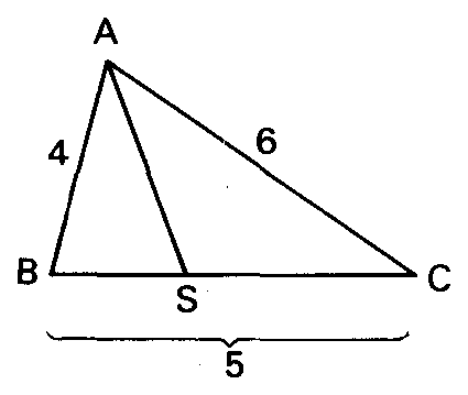 Triângulo ABC com AB = 4, AC = 6, BC = 5 e a bissetriz AS.