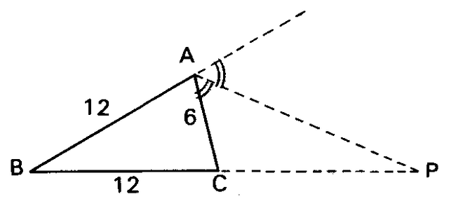 Triângulo ABC com AB = 12, AC = 6, BC = 12 e a bissetriz externa AP.