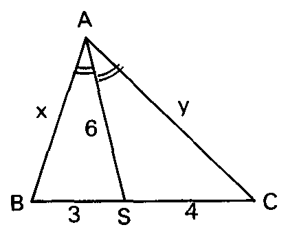 Triângulo ABC com a bissetriz AS = 6, BS = 3 e SC = 4.