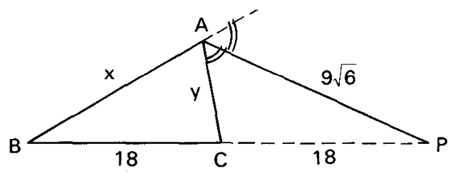 Triângulo ABC com BC = 18, CP = 18 e a bissetriz externa AP = 9√6.