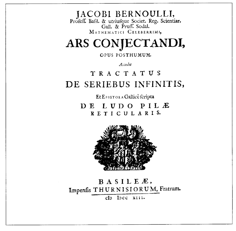 Folha de rosto da Ars conjectandi, publicada em Basileia em 1713, oito anos depois da morte de Jakob.