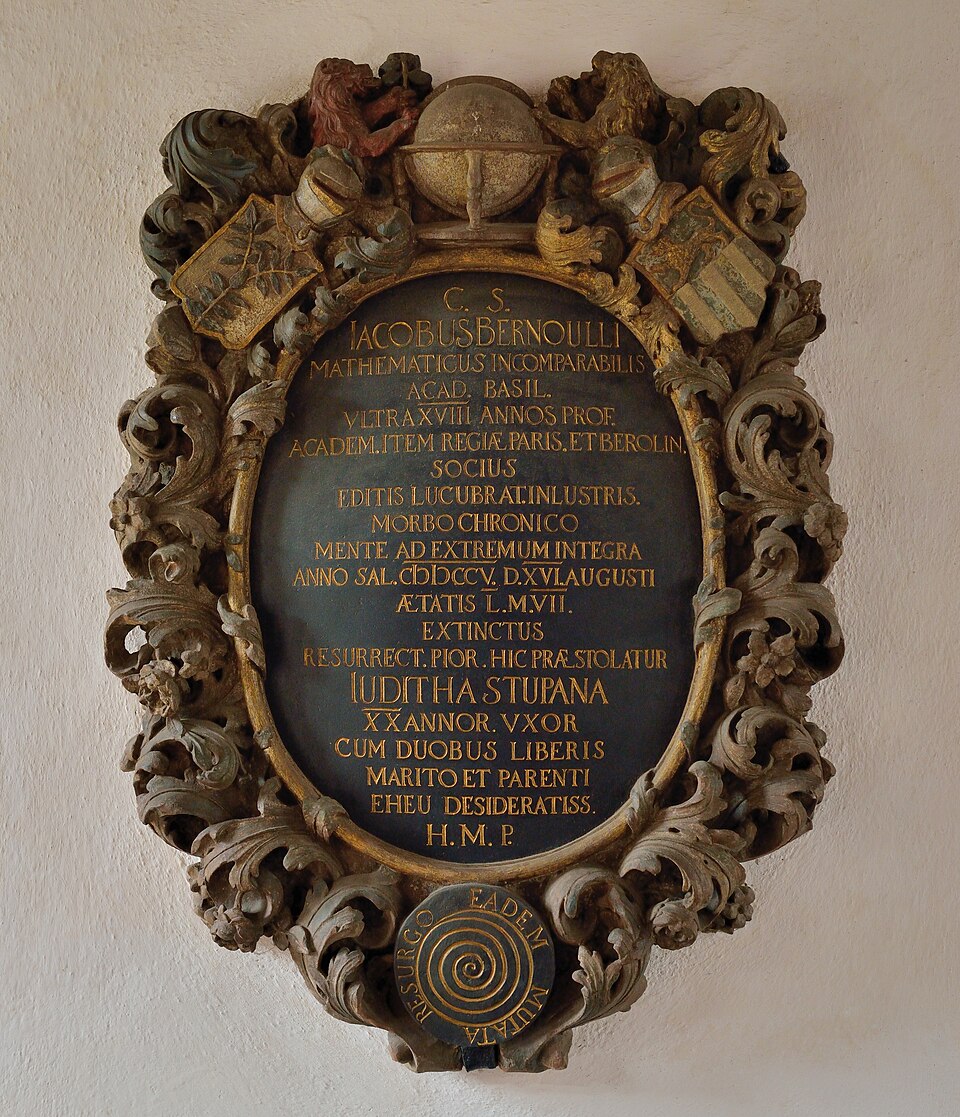 A lápide de Jakob Bernoulli no claustro da catedral de Basileia. Embaixo, a espiral e a inscrição Eadem mutata resurgo.