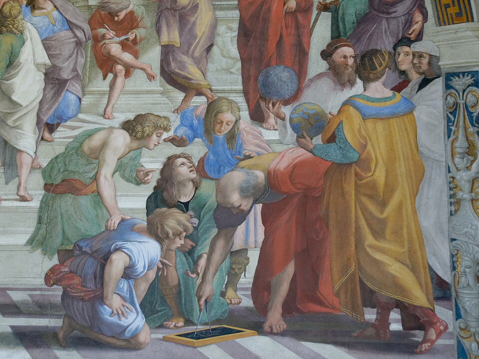 Detalhe da Escola de Atenas, de Rafael (1509–1511), no Vaticano. O sábio debruçado com o compasso, cercado de alunos, costuma ser identificado como Euclides; o pintor deu-lhe o rosto do arquiteto Bramante. Ninguém sabe como Euclides era.