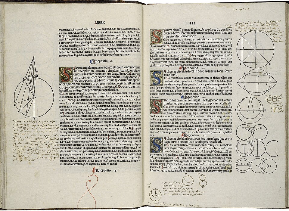 A primeira edição impressa dos Elementos, feita por Erhard Ratdolt em Veneza, em 1482, numa tradução latina. As figuras ficam nas margens, ao lado do texto; um leitor antigo encheu as páginas de anotações.
