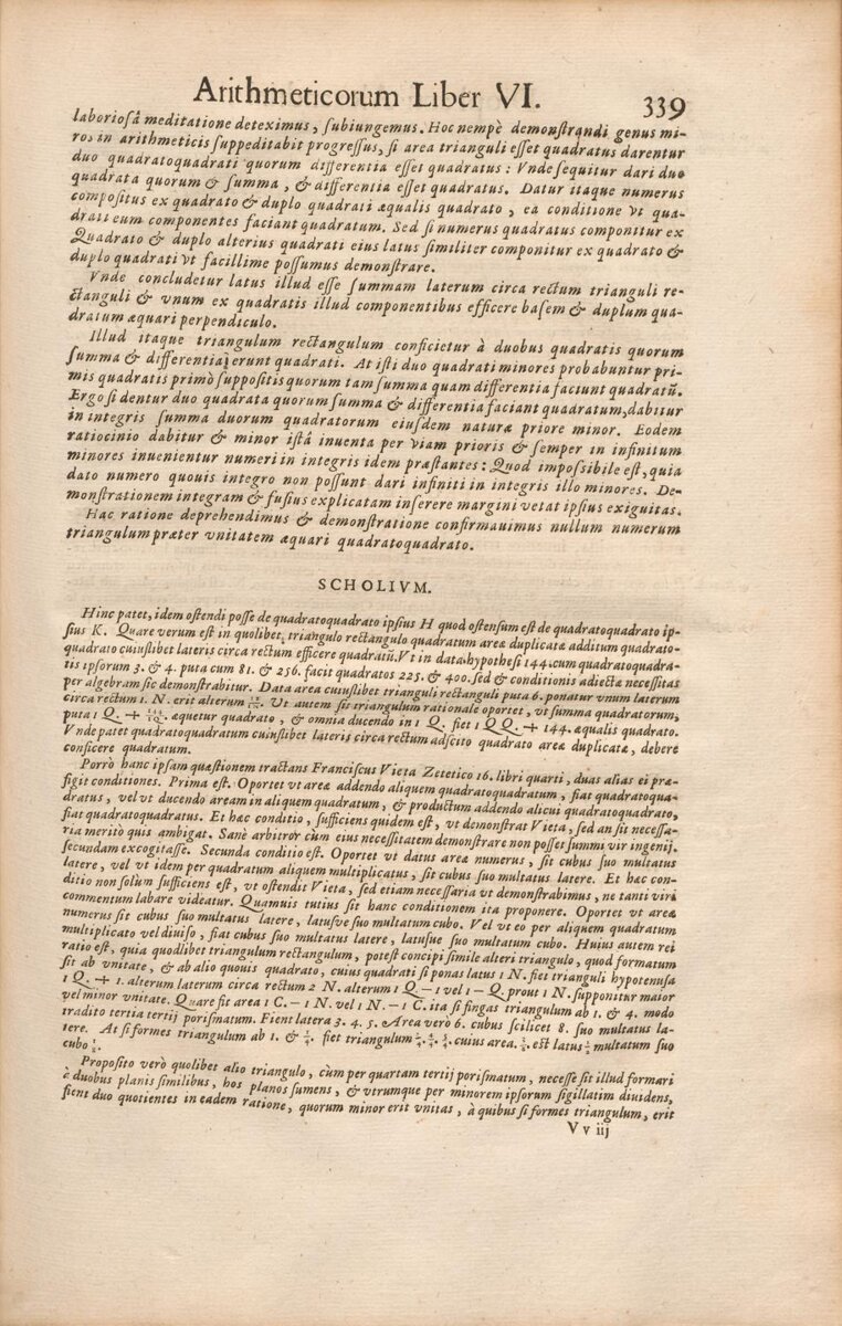 A página 339 da edição de 1670: a observação de Fermat a um problema do livro VI, que começa com “Area trianguli rectanguli in numeris non potest esse quadratus”, a área de um triângulo retângulo de lados inteiros não pode ser um quadrado. Em seguida vem a prova por descida infinita.