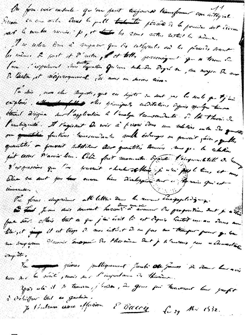 A última página da carta de Galois a Auguste Chevalier, datada de 29 de maio de 1832, a véspera do duelo.