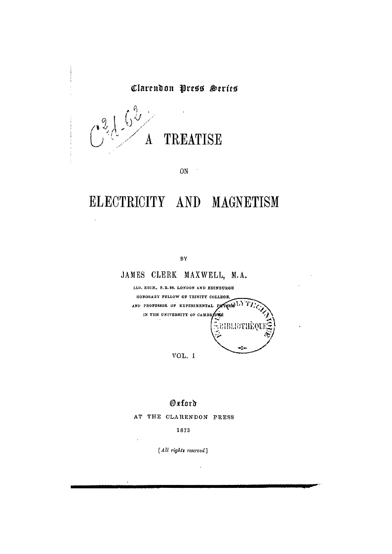 Folha de rosto do primeiro volume do Tratado sobre eletricidade e magnetismo (Oxford, 1873).