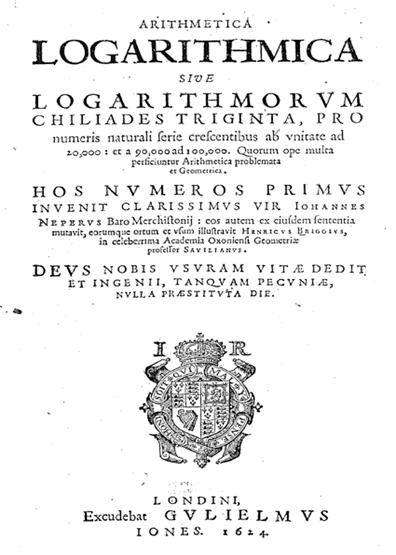 A página de rosto da Arithmetica logarithmica de Briggs, Londres, 1624, que atribui a invenção a Napier.