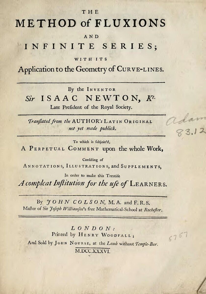 Folha de rosto de *The Method of Fluxions and Infinite Series* (Londres, 1736), a tradução inglesa de John Colson para o tratado que Newton escrevera em latim por volta de 1671.