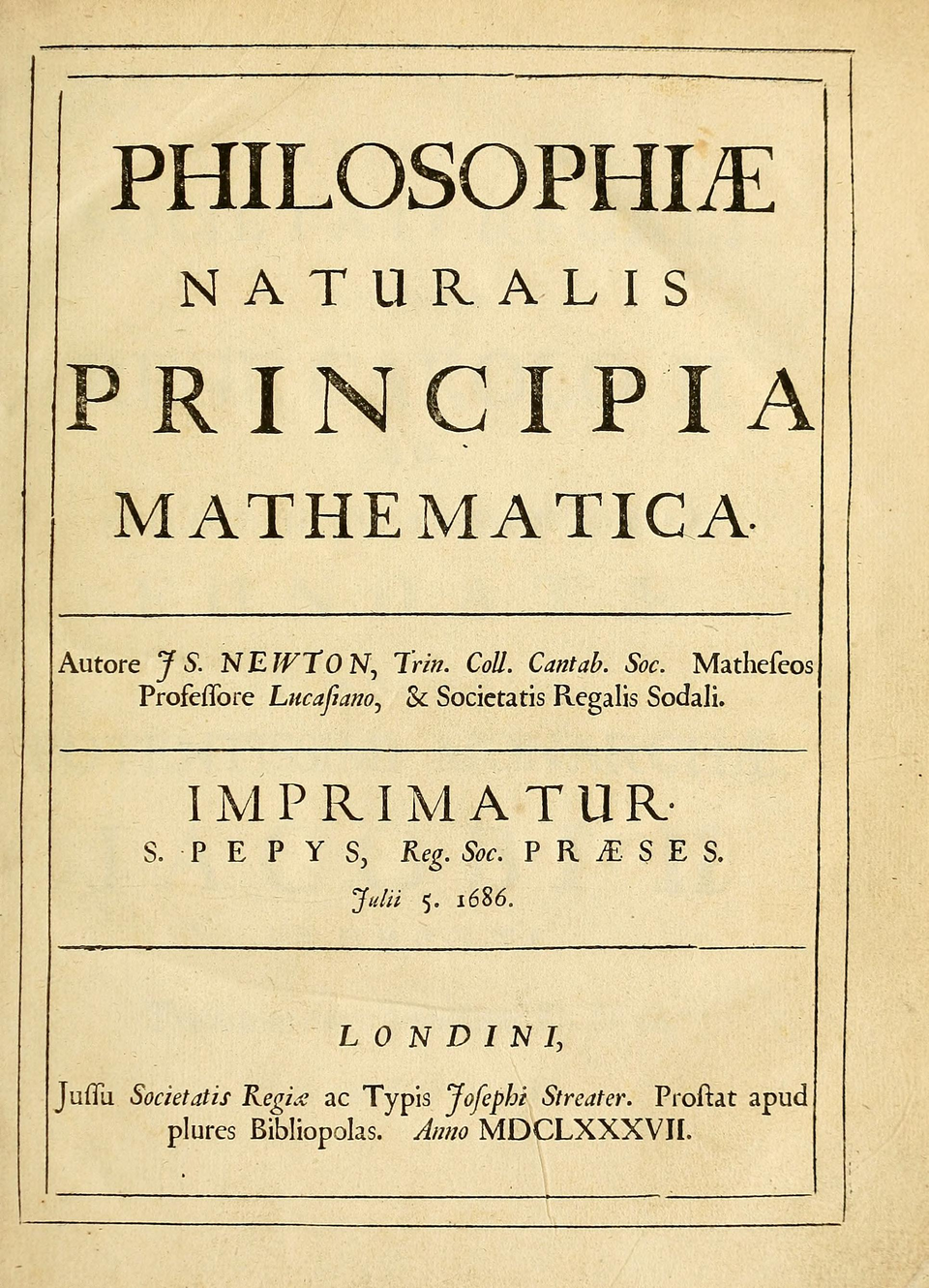 Página de rosto da primeira edição dos *Principia*, de 1687.