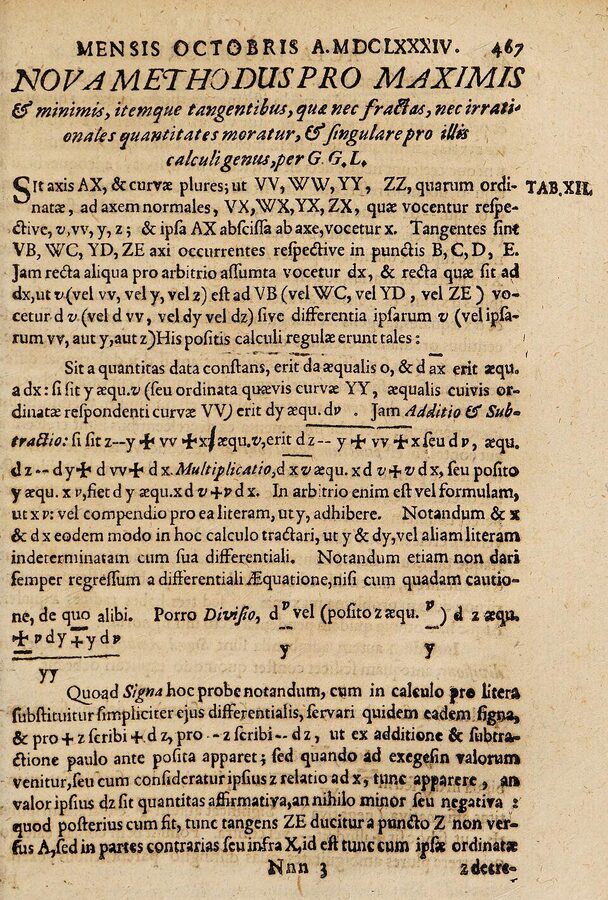 Primeira página do *Nova methodus pro maximis et minimis*, publicado por Leibniz na *Acta Eruditorum* em outubro de 1684. Foi a estreia impressa do cálculo diferencial.