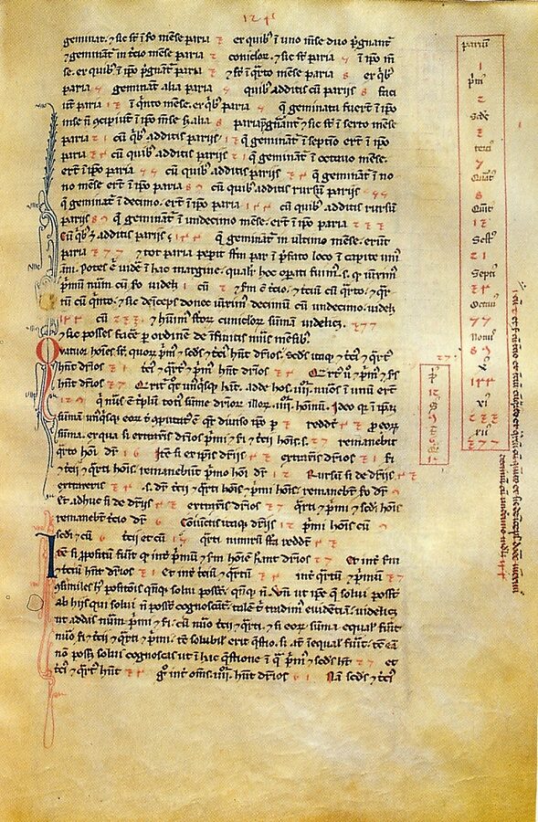 Uma página do *Liber abbaci* numa cópia medieval. Na moldura da direita, a sequência 1, 2, 3, 5, 8, 13, … 377 do famoso problema dos coelhos, escrita com os algarismos indo-arábicos.
