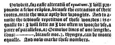 O trecho de *The Whetstone of Witte* (1557) em que Recorde apresenta o sinal de igual. Repare no comprimento das paralelas.