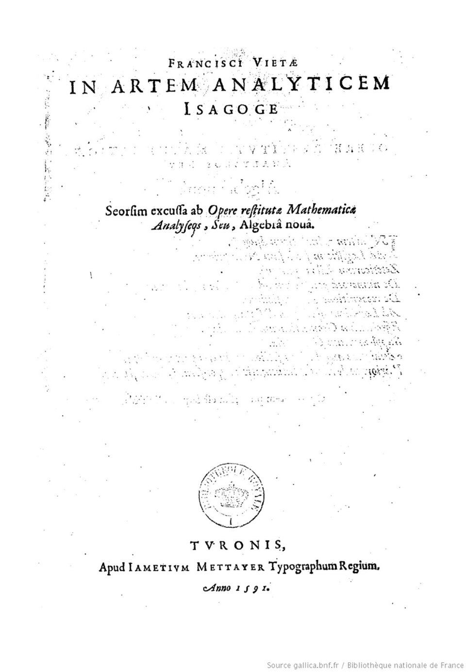 A página de rosto da Introdução à arte analítica de Viète (Tours, 1591), o livro da logistica speciosa.