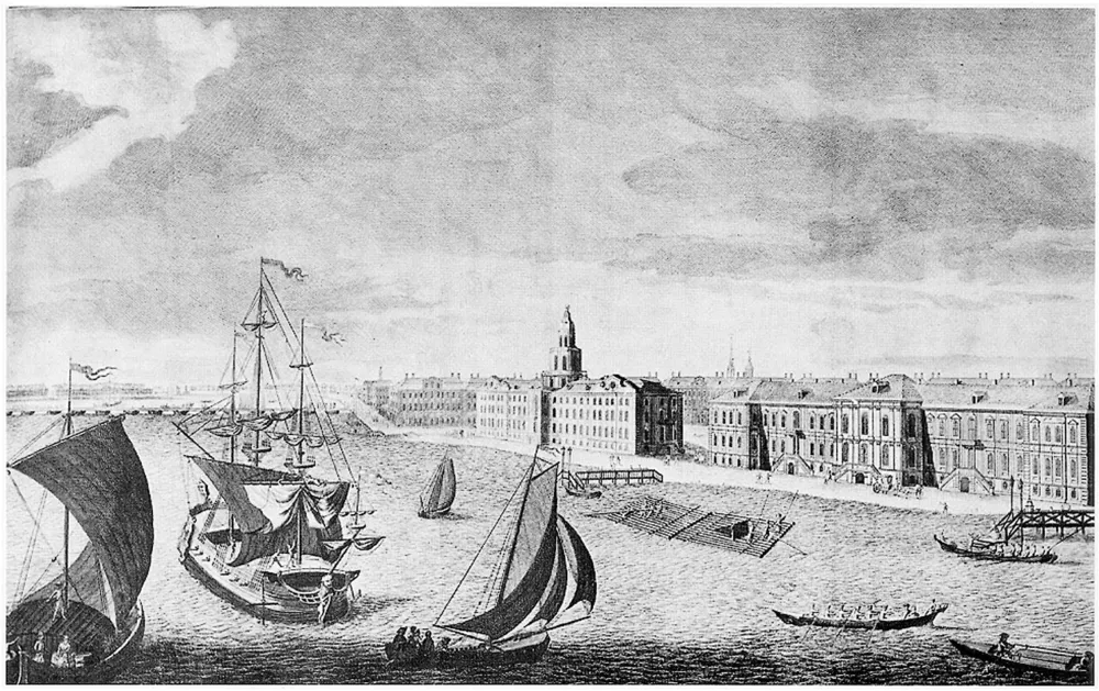 O prédio da Academia de Ciências de São Petersburgo, às margens do rio Neva, em gravura de 1753.
