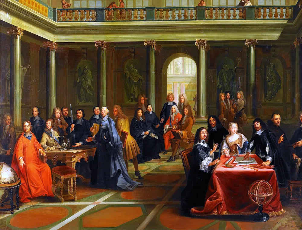 Descartes (à direita, de preto) explicando suas ideias à rainha Cristina da Suécia e à corte, numa pintura do século XIX.