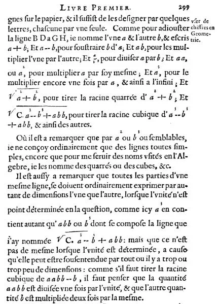 Uma página de *A Geometria* (1637). Já aparecem as letras a, b para valores conhecidos e as potências escritas no alto.