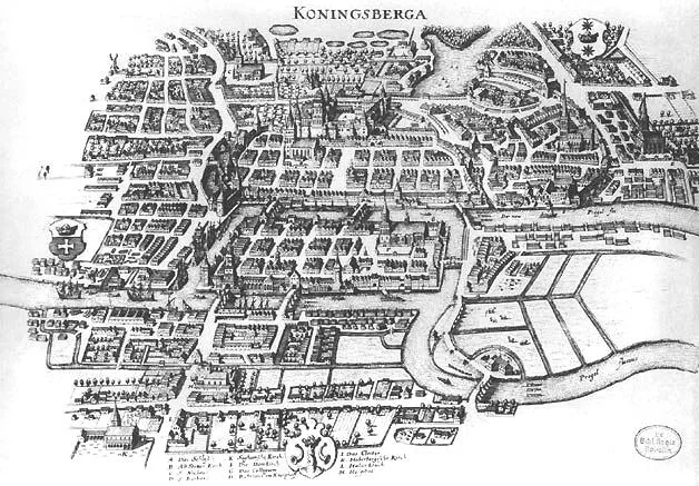 Königsberg em 1652, com o rio Pregel e suas ilhas. Dá para contar as pontes.